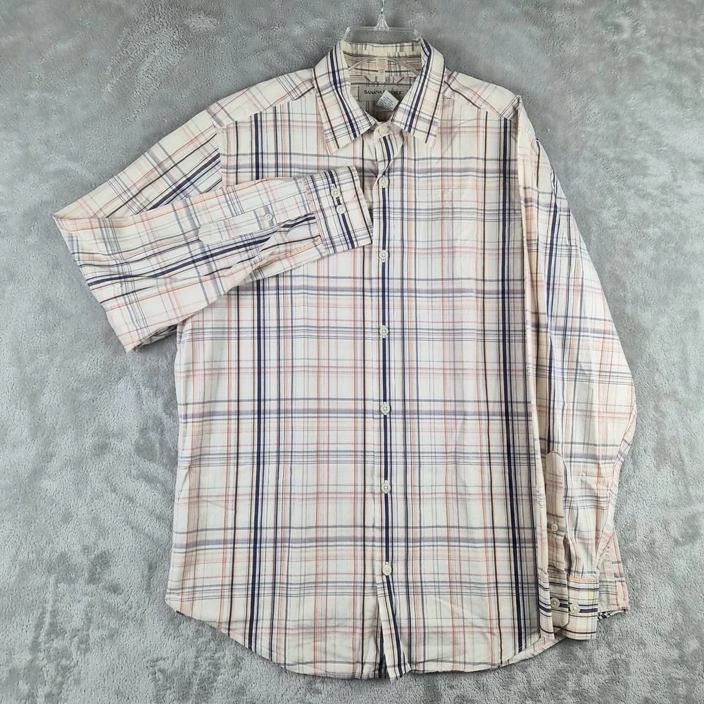 Banana Republic Mens Medium Shirt Plaid Button Up Pink Blue White Long Sleeve